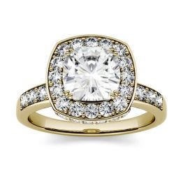 3.10 CTW DEW Cushion Forever One Moissanite Channel Set Halo with Side Accents Engagement Ring 14K Yellow Gold