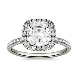 1.40 CTW DEW Cushion Forever One Moissanite Halo with Side Accents Engagement Ring 14K White Gold