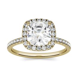 1.60 CTW DEW Cushion Forever One Moissanite Halo with Side Accents Engagement Ring 14K Yellow Gold