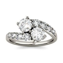 1.50 CTW DEW Round Forever One Moissanite Two Stone Bypass with Side Accents Ring 14K White Gold
