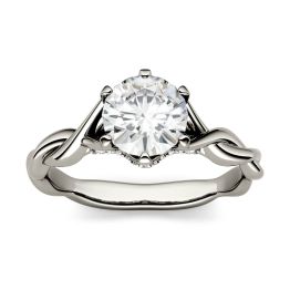 1.11 CTW DEW Round Forever One Moissanite Twisted Band Solitaire with Side Accents Engagement Ring 14K White Gold