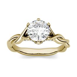 1.11 CTW DEW Round Forever One Moissanite Twisted Band Solitaire with Side Accents Engagement Ring 14K Yellow Gold