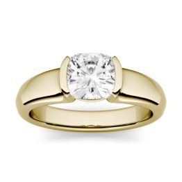 1.10 CTW DEW Cushion Forever One Moissanite Solitaire Half Bezel Engagement Ring 14K Yellow Gold