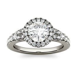 1.66 CTW DEW Round Forever One Moissanite Halo with Side Accents Engagement Ring 14K White Gold