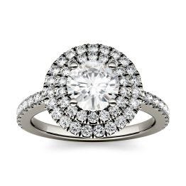 1.68 CTW DEW Round Forever One Moissanite Double Halo with Side Accents Engagement Ring 14K White Gold
