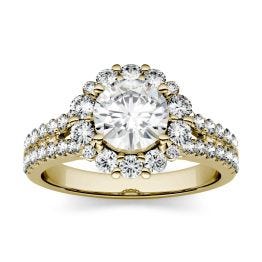 1.88 CTW DEW Round Forever One Moissanite Split Shank Halo with Side Accents Ring 14K Yellow Gold