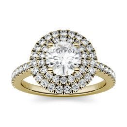 1.68 CTW DEW Round Forever One Moissanite Double Halo with Side Accents Engagement Ring 14K Yellow Gold