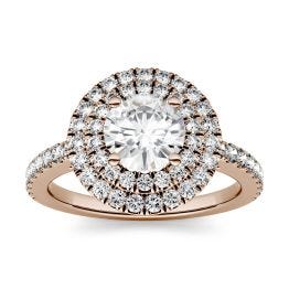 1.68 CTW DEW Round Forever One Moissanite Double Halo with Side Accents Engagement Ring 14K Rose Gold