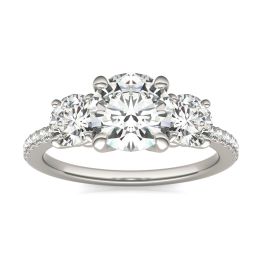 2.14 CTW DEW Round Forever One Moissanite Three Stone with Side Accents Ring 14K White Gold