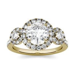 1.78 CTW DEW Round Forever One Moissanite Three Stone Halo Ring 14K Yellow Gold