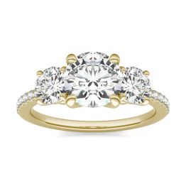2.14 CTW DEW Round Forever One Moissanite Three Stone with Side Accents Ring 14K Yellow Gold