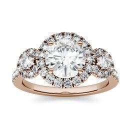 1.78 CTW DEW Round Forever One Moissanite Three Stone Halo Ring 14K Rose Gold