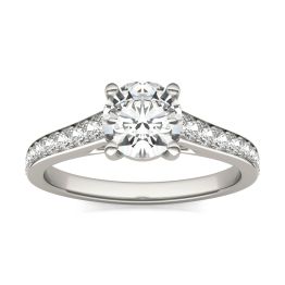1.38 CTW DEW Round Forever One Moissanite Solitaire with Side Accents Engagement Ring 14K White Gold