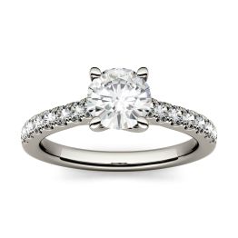 1.28 CTW DEW Round Forever One Moissanite Solitaire with Side Accents Engagement Ring 14K White Gold