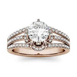 1.58 CTW DEW Round Forever One Moissanite Split Shank Floral Solitaire with Side Accents Engagement Ring 14K Rose Gold