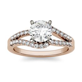 1.31 CTW DEW Round Forever One Moissanite Split Shank Solitaire with Side Accents Engagement Ring 14K Rose Gold