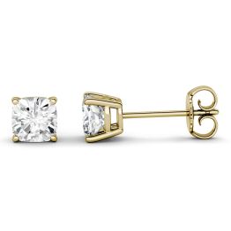 2.20 CTW DEW Cushion Forever One Moissanite Four Prong Solitaire Stud Earrings 14K Yellow Gold