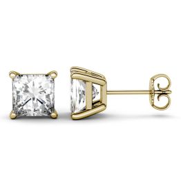 2.00 CTW DEW Square Forever One Moissanite Four Prong Solitaire Stud Earrings 14K Yellow Gold
