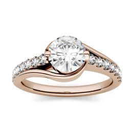 1.21 CTW DEW Round Forever One Moissanite Swirl Solitaire with Side Accents Engagement Ring 14K Rose Gold