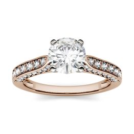 1.50 CTW DEW Round Forever One Moissanite Solitaire with Side Accents Engagement Ring 14K Rose Gold