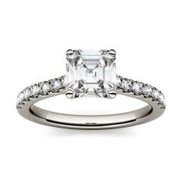 1.58 CTW DEW Asscher Forever One Moissanite Solitaire with Side Accents Engagement Ring 14K White Gold