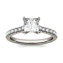1.18 CTW DEW Square Forever One Moissanite Solitaire with Side Accents Engagement Ring 14K White Gold, SIZE 9.0