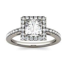 1.42 CTW DEW Square Forever One Moissanite Halo with Side Accents Engagement Ring 14K White Gold