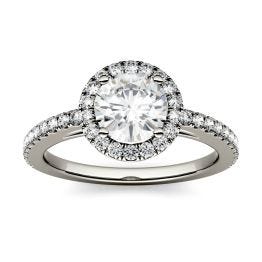 1.40 CTW DEW Round Forever One Moissanite Halo with Side Accents Engagement Ring 14K White Gold
