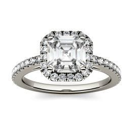 1.71 CTW DEW Asscher Forever One Moissanite Halo with Side Accents Engagement Ring 14K White Gold