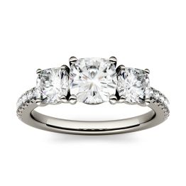 2.24 CTW DEW Cushion Forever One Moissanite Three Stone with Side Accents Ring 14K White Gold