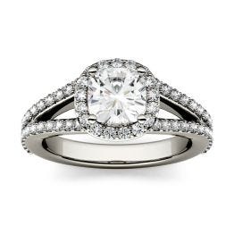 1.75 CTW DEW Cushion Forever One Moissanite Split Shank Halo with Side Accents Engagement Ring 14K White Gold