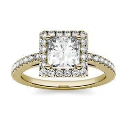 1.32 CTW DEW Square Forever One Moissanite Halo with Side Accents Ring 14K Yellow Gold