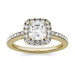 1.48 CTW DEW Cushion Forever One Moissanite Halo with Side Accents Engagement Ring 14K Yellow Gold