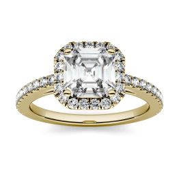 1.71 CTW DEW Asscher Forever One Moissanite Halo with Side Accents Engagement Ring 14K Yellow Gold