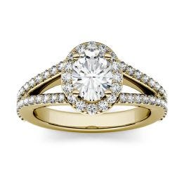 1.54 CTW DEW Oval Forever One Moissanite Split Shank Halo with Side Accents Engagement Ring 14K Yellow Gold
