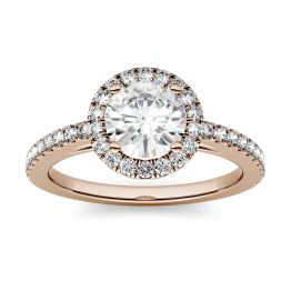 1.40 CTW DEW Round Forever One Moissanite Halo with Side Accents Engagement Ring 14K Rose Gold