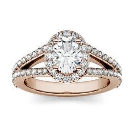 1.54 CTW DEW Oval Forever One Moissanite Split Shank Halo with Side Accents Engagement Ring 14K Rose Gold
