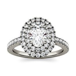 1.55 CTW DEW Oval Forever One Moissanite Double Halo with Side Accents Engagement Ring 14K White Gold