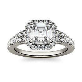 1.97 CTW DEW Asscher Forever One Moissanite Halo with Side Accents Engagement Ring 14K White Gold