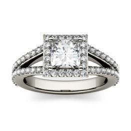 1.58 CTW DEW Square Forever One Moissanite Split Shank Halo with Side Accents Engagement Ring 14K White Gold