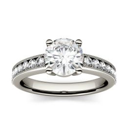 1.31 CTW DEW Round Forever One Moissanite Solitaire with Milgrain Side Accents Engagement Ring 14K White Gold