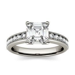 1.61 CTW DEW Asscher Forever One Moissanite Solitaire with Milgrain Side Accents Engagement Ring 14K White Gold