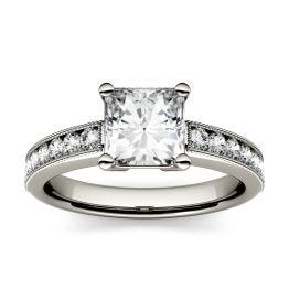 1.21 CTW DEW Square Forever One Moissanite Solitaire with Milgrain Side Accents Engagement Ring 14K White Gold