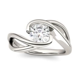 1.10 CTW DEW Cushion Forever One Moissanite Swirl Bypass Solitaire Engagement Ring 14K White Gold