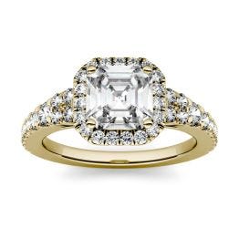 1.97 CTW DEW Asscher Forever One Moissanite Halo with Side Accents Engagement Ring 14K Yellow Gold