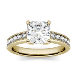 1.41 CTW DEW Cushion Forever One Moissanite Solitaire with Milgrain Side Accents Engagement Ring 14K Yellow Gold