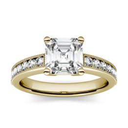 1.61 CTW DEW Asscher Forever One Moissanite Solitaire with Milgrain Side Accents Engagement Ring 14K Yellow Gold