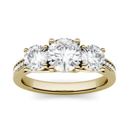 2.14 CTW DEW Round Forever One Moissanite Three Stone with Side Accents Ring 14K Yellow Gold