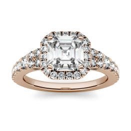 1.97 CTW DEW Asscher Forever One Moissanite Halo with Side Accents Engagement Ring 14K Rose Gold
