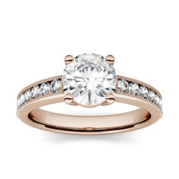 1.31 CTW DEW Round Forever One Moissanite Solitaire with Milgrain Side Accents Engagement Ring 14K Rose Gold